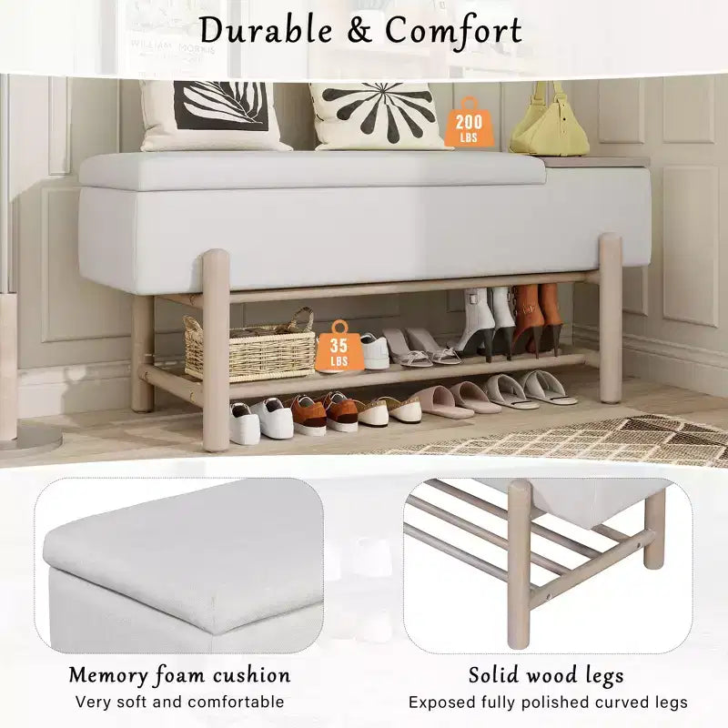 Farmhouse Upholstered Storage Bench with Hidden Compartment, Modern Entryway Ottoman for Living Room Hallway Bedroom