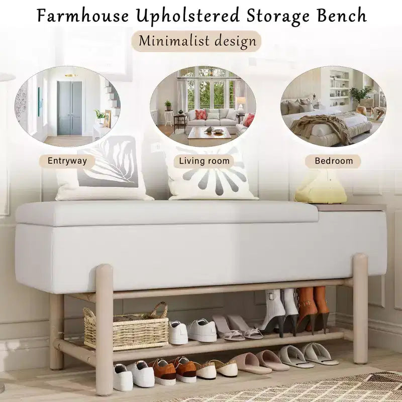 Farmhouse Upholstered Storage Bench with Hidden Compartment, Modern Entryway Ottoman for Living Room Hallway Bedroom