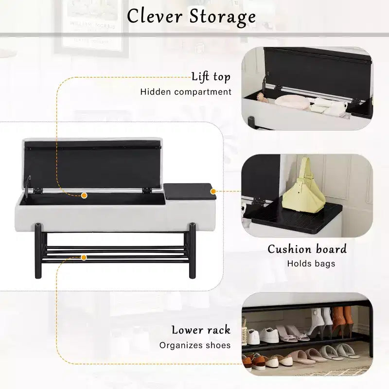 Farmhouse Upholstered Storage Bench with Hidden Compartment, Modern Entryway Ottoman for Living Room Hallway Bedroom