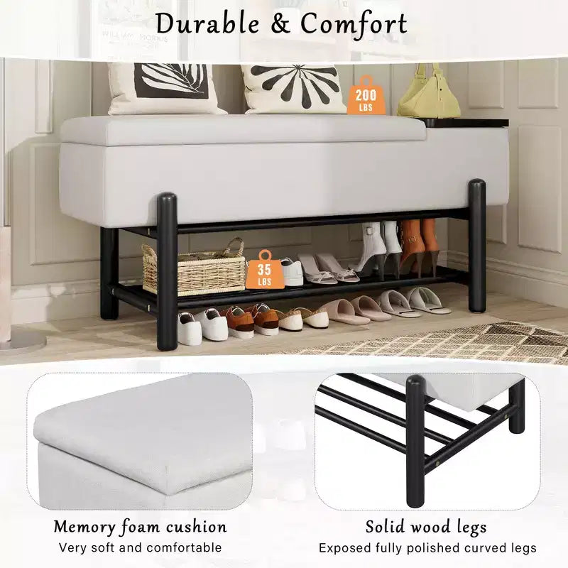 Farmhouse Upholstered Storage Bench with Hidden Compartment, Modern Entryway Ottoman for Living Room Hallway Bedroom