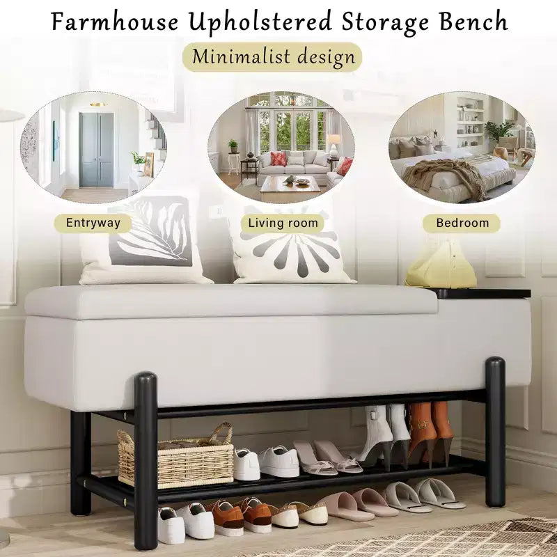 Farmhouse Upholstered Storage Bench with Hidden Compartment, Modern Entryway Ottoman for Living Room Hallway Bedroom