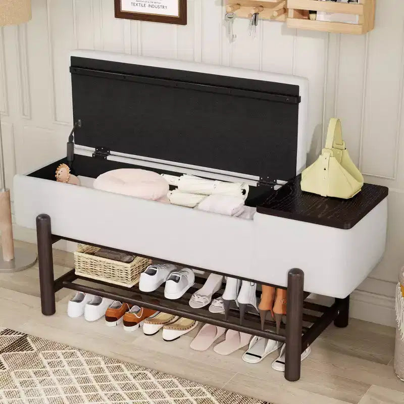 Farmhouse Upholstered Storage Bench with Hidden Compartment, Modern Entryway Ottoman for Living Room Hallway Bedroom