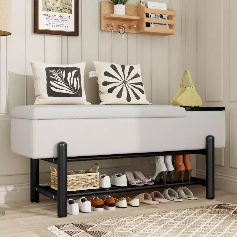 Farmhouse Upholstered Storage Bench with Hidden Compartment, Modern Entryway Ottoman for Living Room Hallway Bedroom