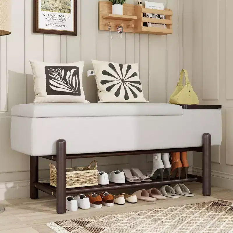 Farmhouse Upholstered Storage Bench with Hidden Compartment, Modern Entryway Ottoman for Living Room Hallway Bedroom