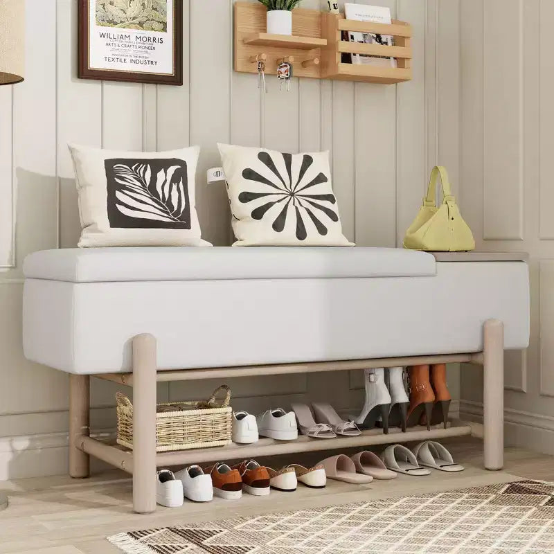 Farmhouse Upholstered Storage Bench with Hidden Compartment, Modern Entryway Ottoman for Living Room Hallway Bedroom