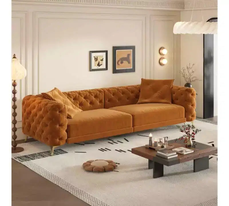 Orange Velvet 3-in-1 Convertible Sofa Bed with Ottoman, Seats 4