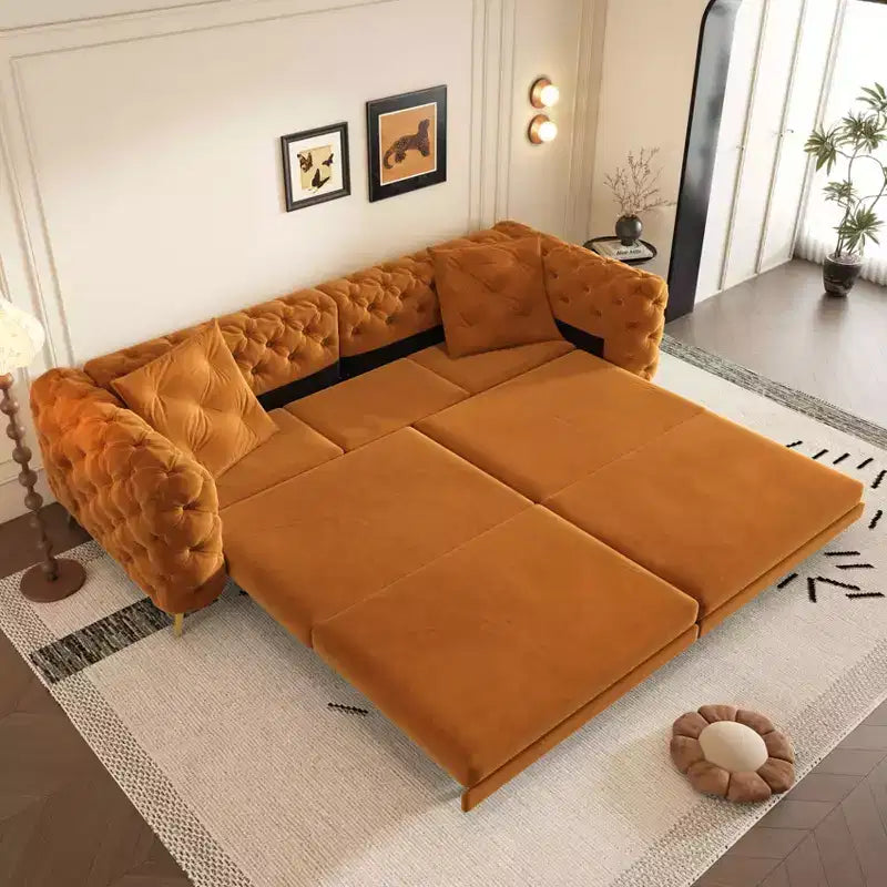 Orange Velvet 3-in-1 Convertible Sofa Bed with Ottoman, Seats 4