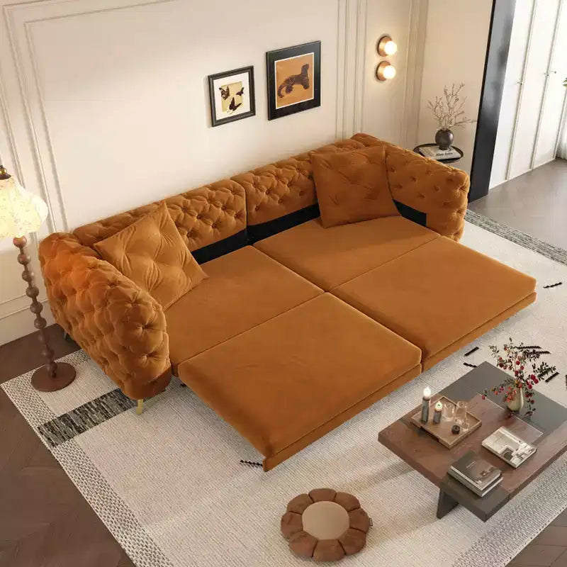 Orange Velvet 3-in-1 Convertible Sofa Bed with Ottoman, Seats 4