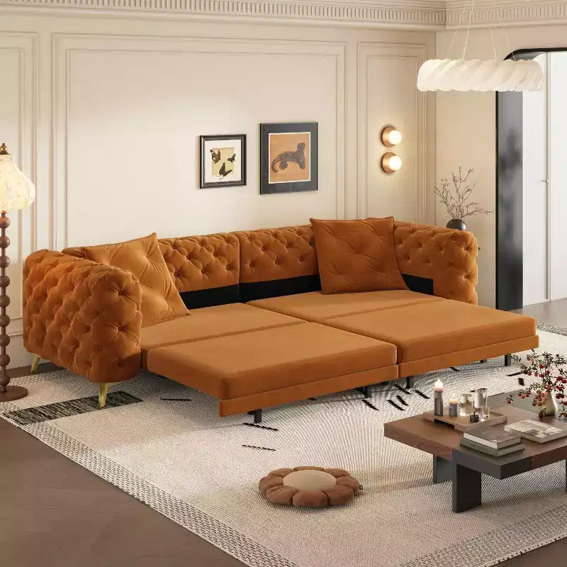 Orange Velvet 3-in-1 Convertible Sofa Bed with Ottoman, Seats 4