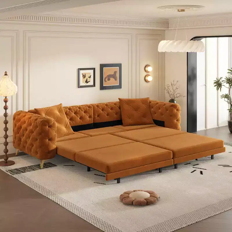Orange Velvet 3-in-1 Convertible Sofa Bed with Ottoman, Seats 4