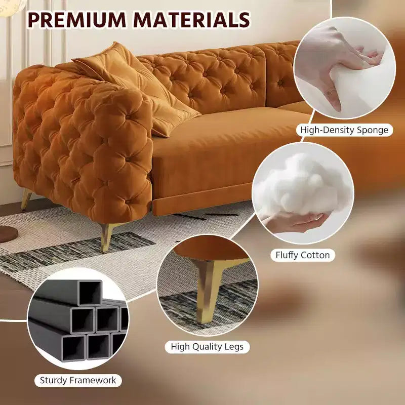 Orange Velvet 3-in-1 Convertible Sofa Bed with Ottoman, Seats 4