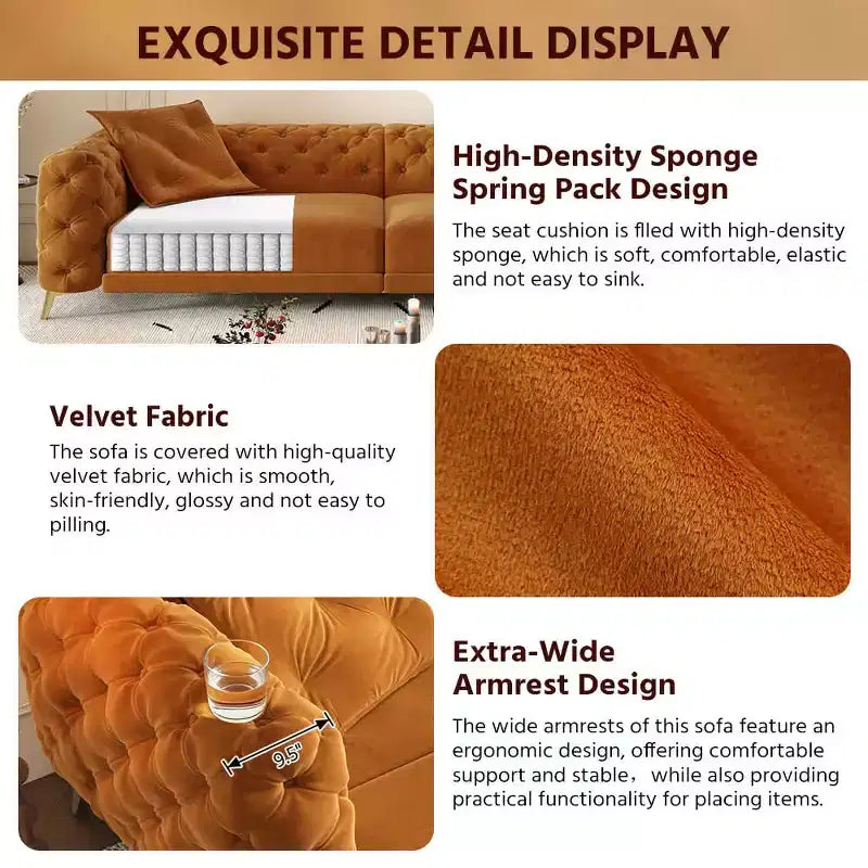 Orange Velvet 3-in-1 Convertible Sofa Bed with Ottoman, Seats 4