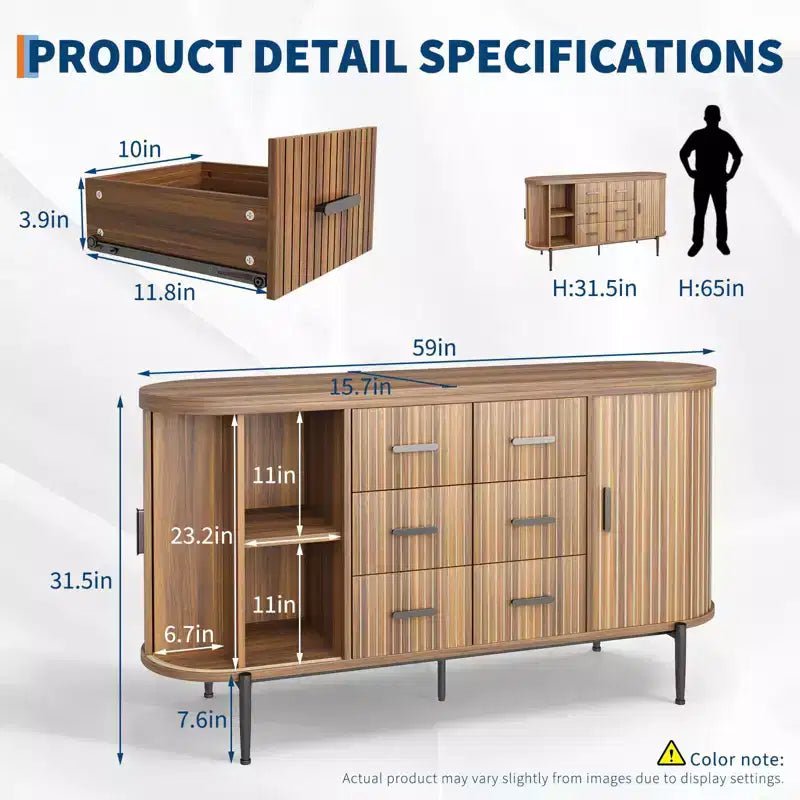 Oak/Walnut Fluted Sideboard Buffet Cabinet with Sliding Doors & 6 Drawers, Single