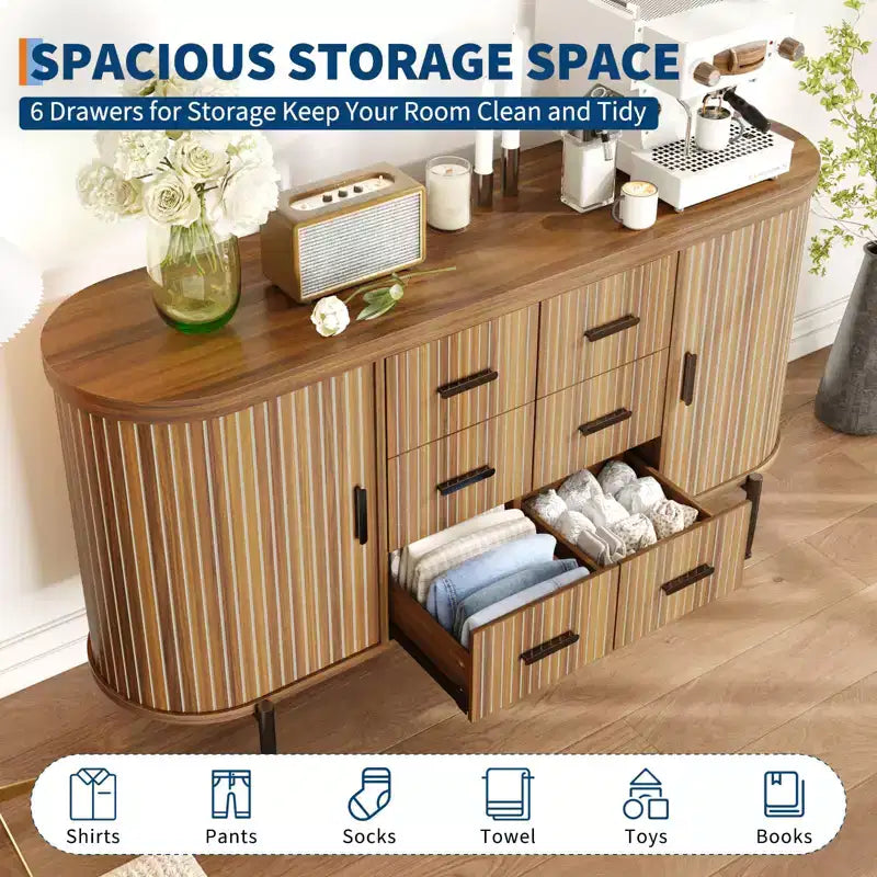 Oak/Walnut Fluted Sideboard Buffet Cabinet with Sliding Doors & 6 Drawers, Single