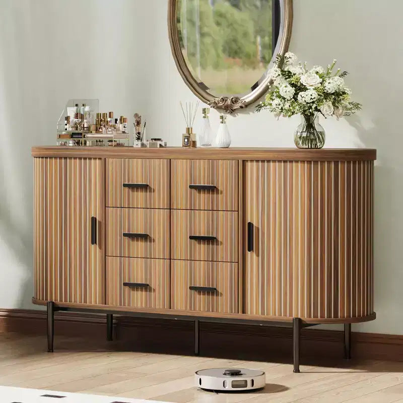 Oak/Walnut Fluted Sideboard Buffet Cabinet with Sliding Doors & 6 Drawers, Single