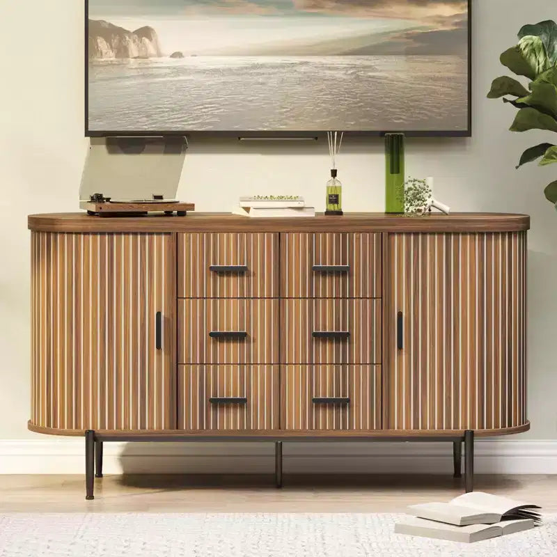 Oak/Walnut Fluted Sideboard Buffet Cabinet with Sliding Doors & 6 Drawers, Single