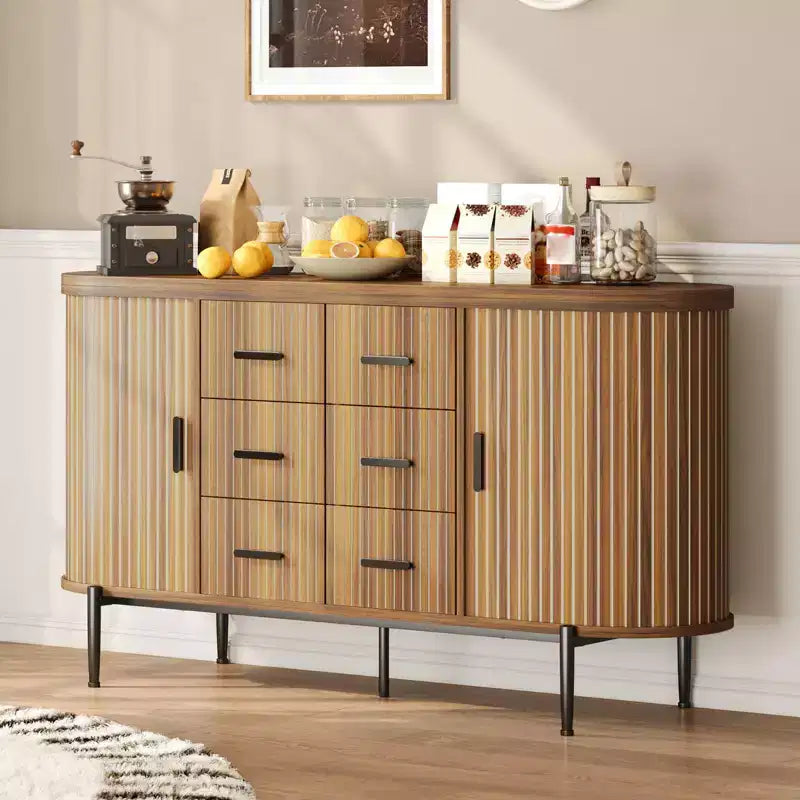 Oak/Walnut Fluted Sideboard Buffet Cabinet with Sliding Doors & 6 Drawers, Single