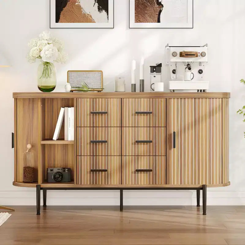 Oak/Walnut Fluted Sideboard Buffet Cabinet with Sliding Doors & 6 Drawers, Single