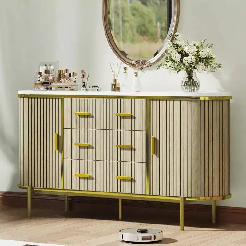 Oak/Walnut Fluted Sideboard Buffet Cabinet with Sliding Doors & 6 Drawers, Single