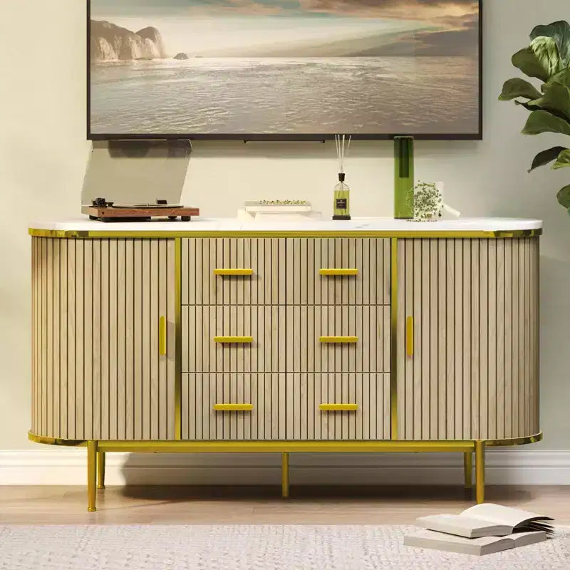 Oak/Walnut Fluted Sideboard Buffet Cabinet with Sliding Doors & 6 Drawers, Single