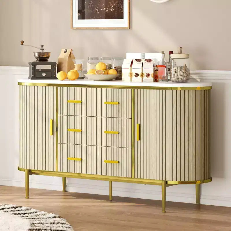 Oak/Walnut Fluted Sideboard Buffet Cabinet with Sliding Doors & 6 Drawers, Single