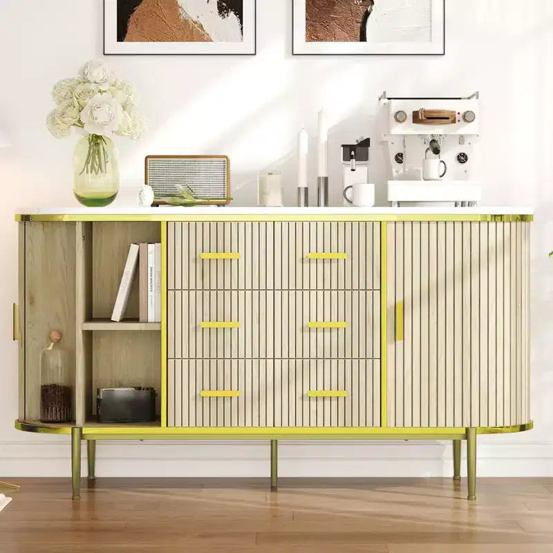 Oak/Walnut Fluted Sideboard Buffet Cabinet with Sliding Doors & 6 Drawers, Single