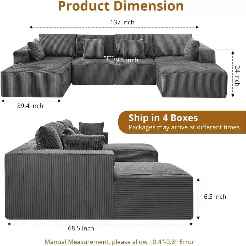 Gray Corduroy U-Shaped Sectional Sofa, 4-Seat Modular Sleeper with Chaise