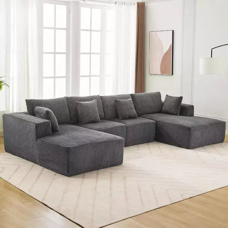 Gray Corduroy U-Shaped Sectional Sofa, 4-Seat Modular Sleeper with Chaise