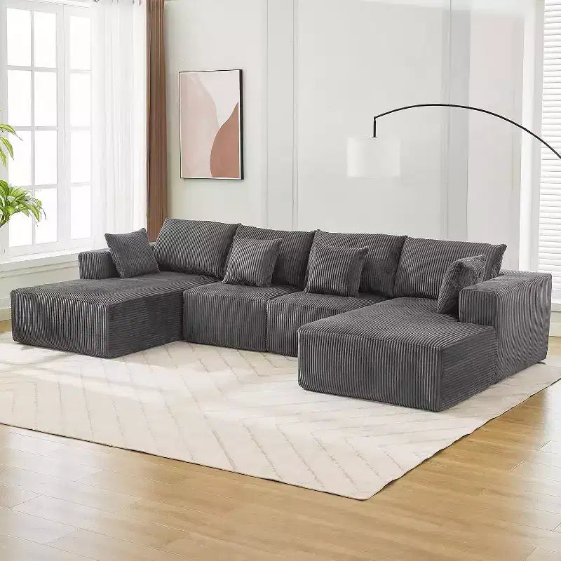 Gray Corduroy U-Shaped Sectional Sofa, 4-Seat Modular Sleeper with Chaise