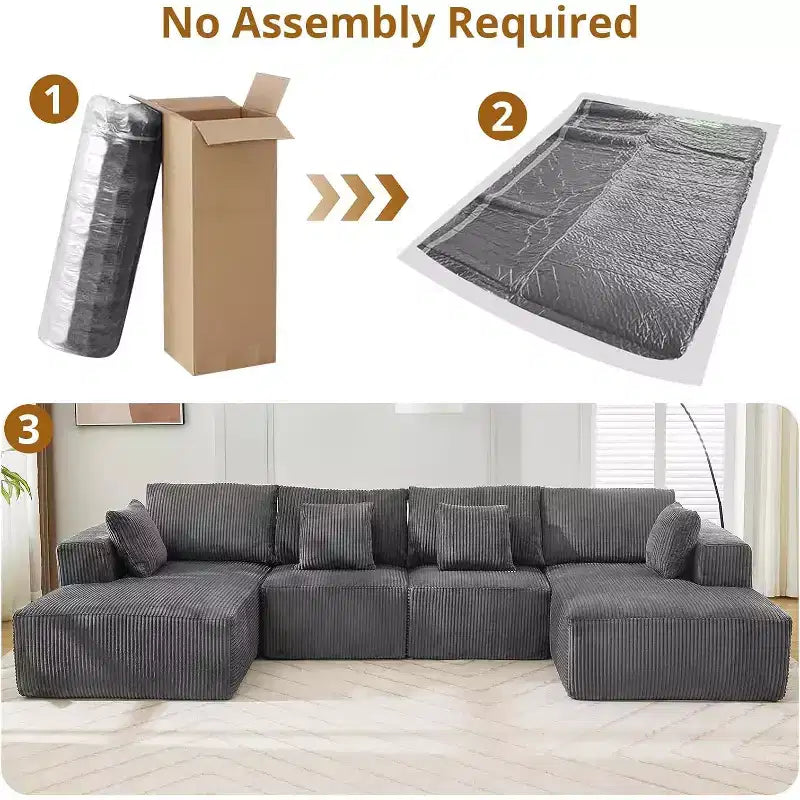 Gray Corduroy U-Shaped Sectional Sofa, 4-Seat Modular Sleeper with Chaise