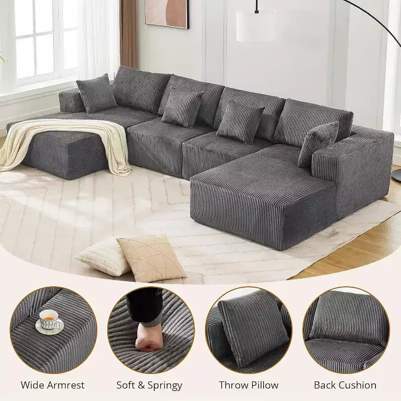 Gray Corduroy U-Shaped Sectional Sofa, 4-Seat Modular Sleeper with Chaise
