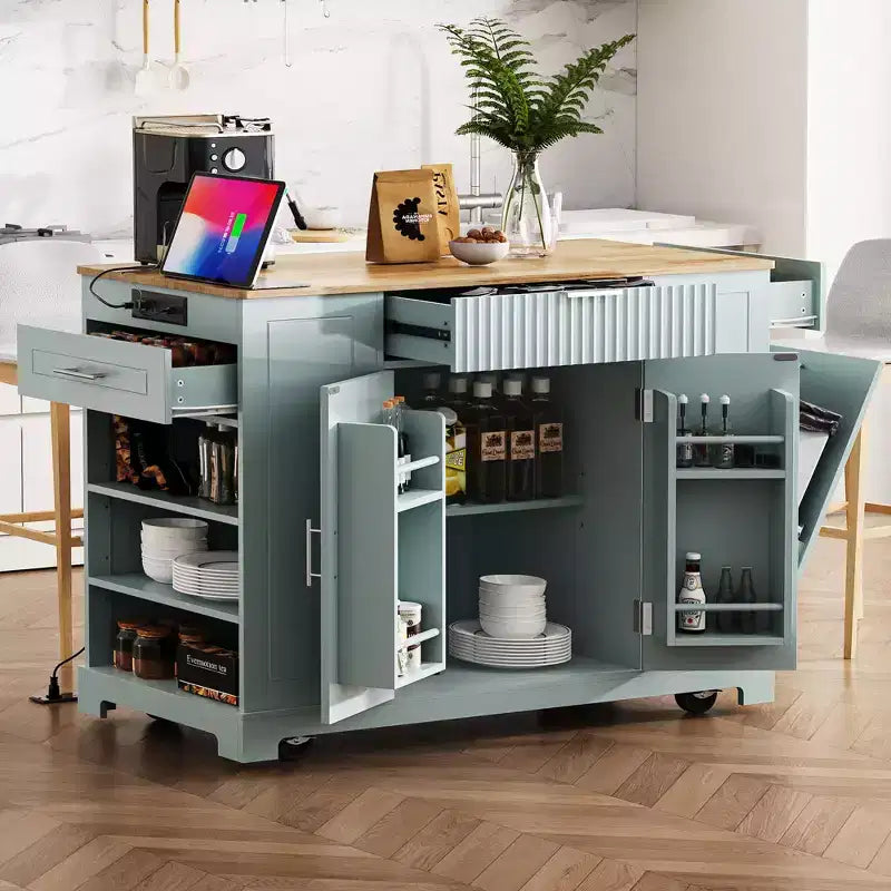Black / Gray Blue / White Fluted Rolling Kitchen Island with Trash Can Cabinet, Power Outlet & Shelves