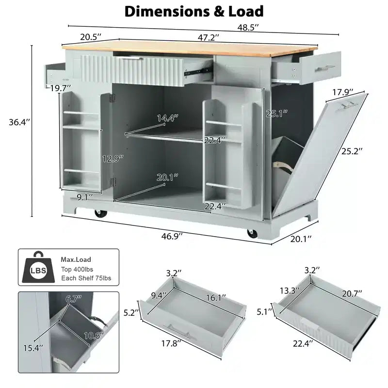 Black / Gray Blue / White Fluted Rolling Kitchen Island with Trash Can Cabinet, Power Outlet & Shelves