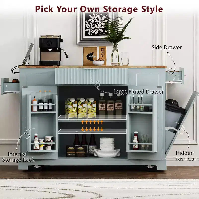 Black / Gray Blue / White Fluted Rolling Kitchen Island with Trash Can Cabinet, Power Outlet & Shelves