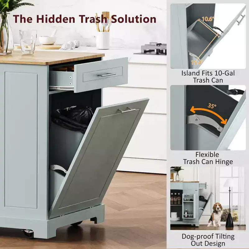 Black / Gray Blue / White Fluted Rolling Kitchen Island with Trash Can Cabinet, Power Outlet & Shelves