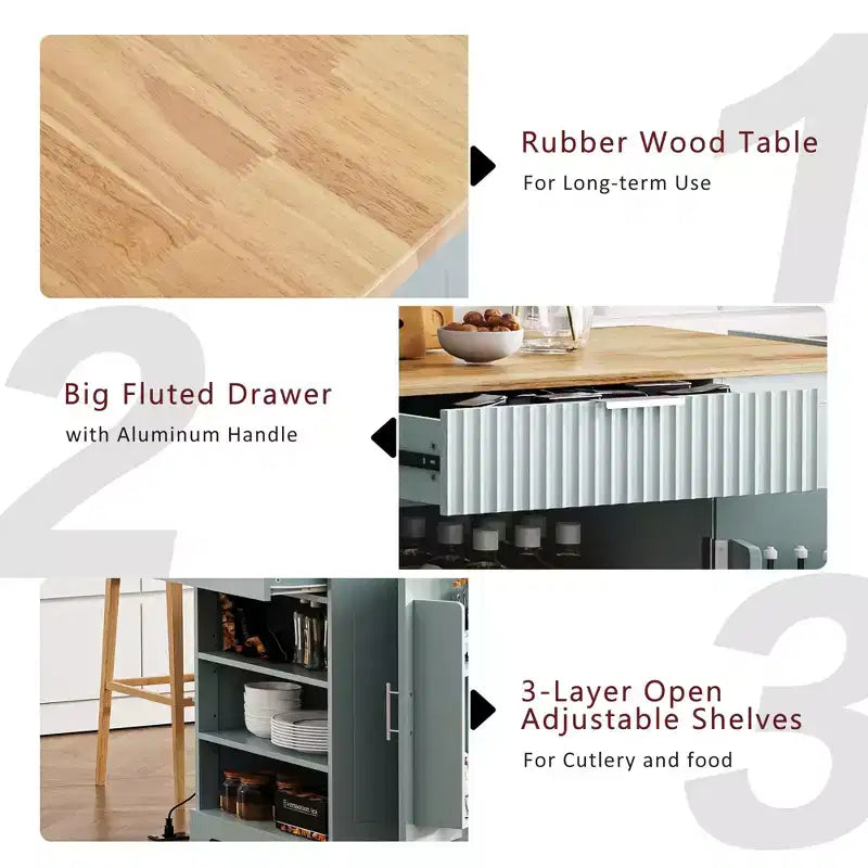 Black / Gray Blue / White Fluted Rolling Kitchen Island with Trash Can Cabinet, Power Outlet & Shelves