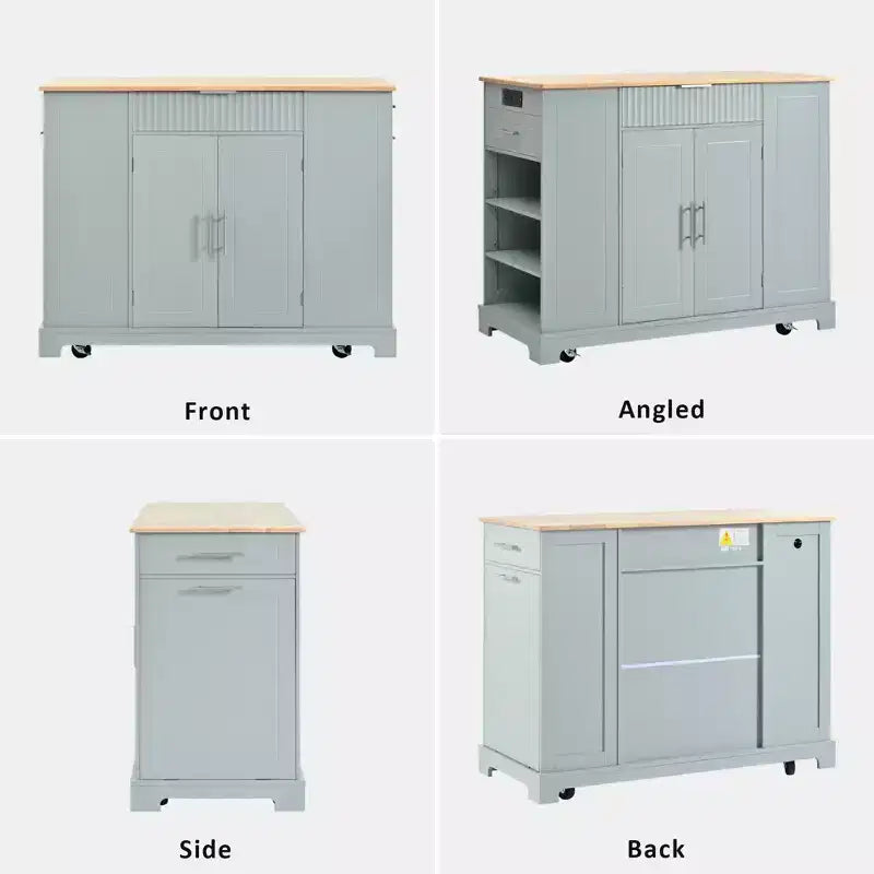 Black / Gray Blue / White Fluted Rolling Kitchen Island with Trash Can Cabinet, Power Outlet & Shelves