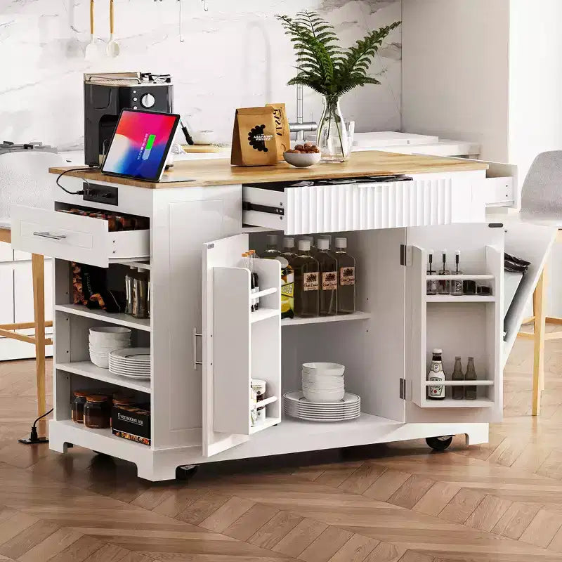 Black / Gray Blue / White Fluted Rolling Kitchen Island with Trash Can Cabinet, Power Outlet & Shelves