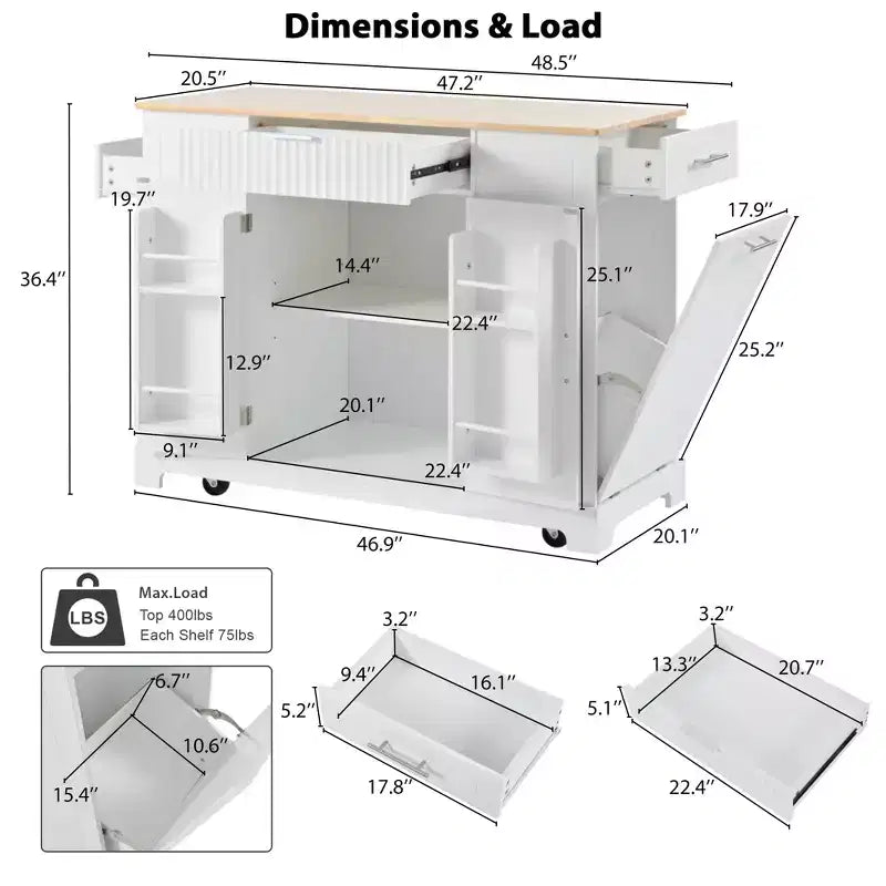 Black / Gray Blue / White Fluted Rolling Kitchen Island with Trash Can Cabinet, Power Outlet & Shelves
