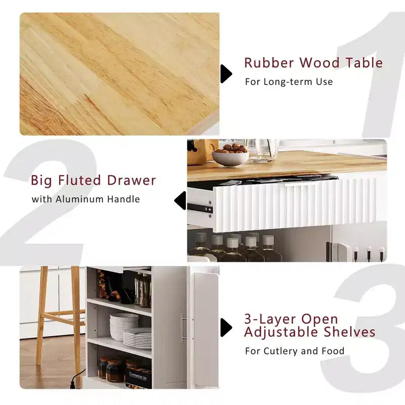 Black / Gray Blue / White Fluted Rolling Kitchen Island with Trash Can Cabinet, Power Outlet & Shelves