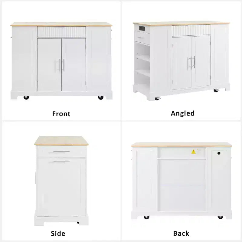 Black / Gray Blue / White Fluted Rolling Kitchen Island with Trash Can Cabinet, Power Outlet & Shelves