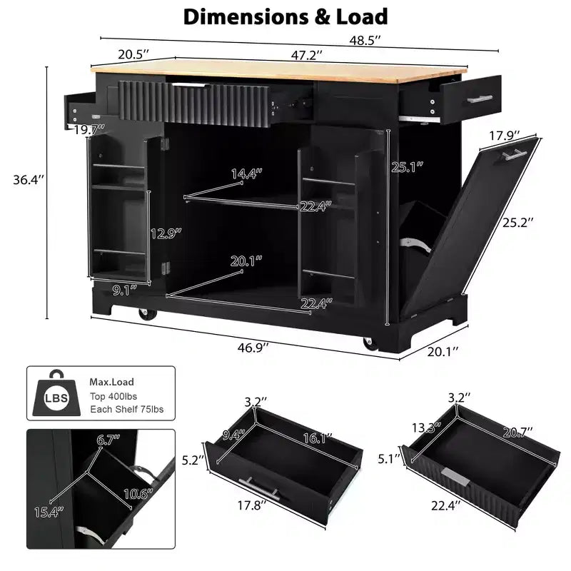 Black / Gray Blue / White Fluted Rolling Kitchen Island with Trash Can Cabinet, Power Outlet & Shelves