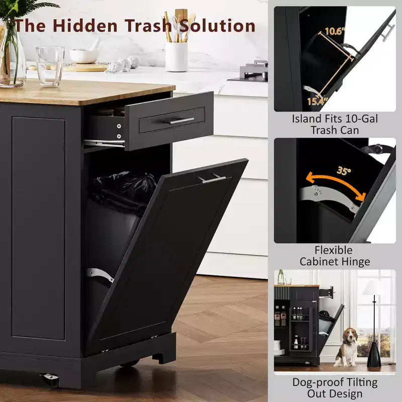 Black / Gray Blue / White Fluted Rolling Kitchen Island with Trash Can Cabinet, Power Outlet & Shelves