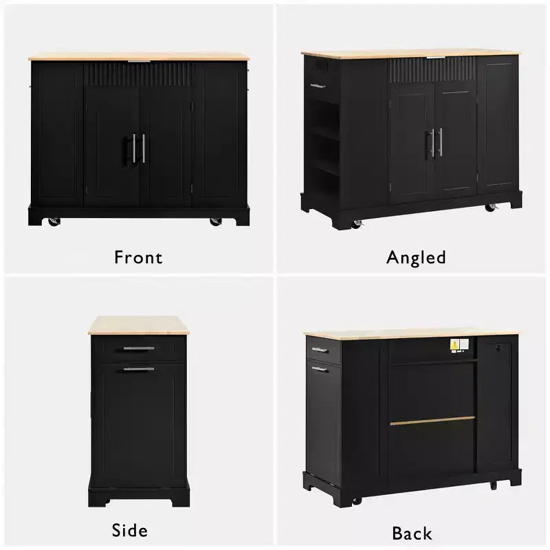 Black / Gray Blue / White Fluted Rolling Kitchen Island with Trash Can Cabinet, Power Outlet & Shelves