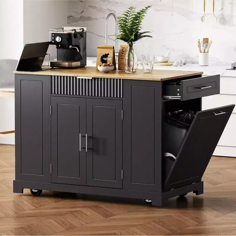 GDFStudio Gabe Fluted Kitchen Island with Trash Can Storage Cabinet, Power Outlet and Shelves