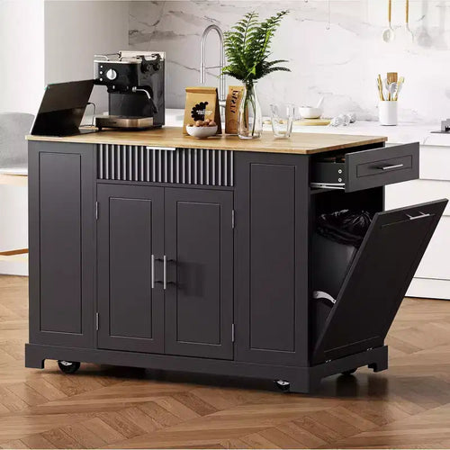 GDFStudio Gabe Fluted Kitchen Island with Trash Can Storage Cabinet, Power Outlet and Shelves