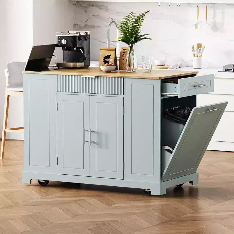 Black / Gray Blue / White Fluted Rolling Kitchen Island with Trash Can Cabinet, Power Outlet & Shelves