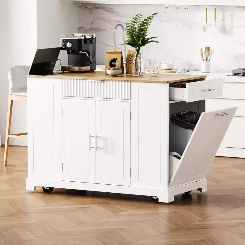 Black / Gray Blue / White Fluted Rolling Kitchen Island with Trash Can Cabinet, Power Outlet & Shelves