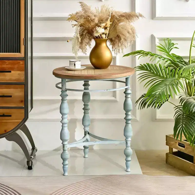GDFStudio Marston Rustic Round Wooden Carved End Table with Metal Leg