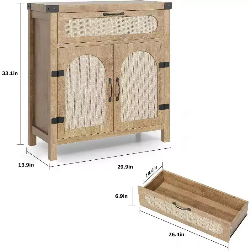 Black/Natural Rattan Door Sideboard with Drawer & Adjustable Shelf, 1-Person Assembly